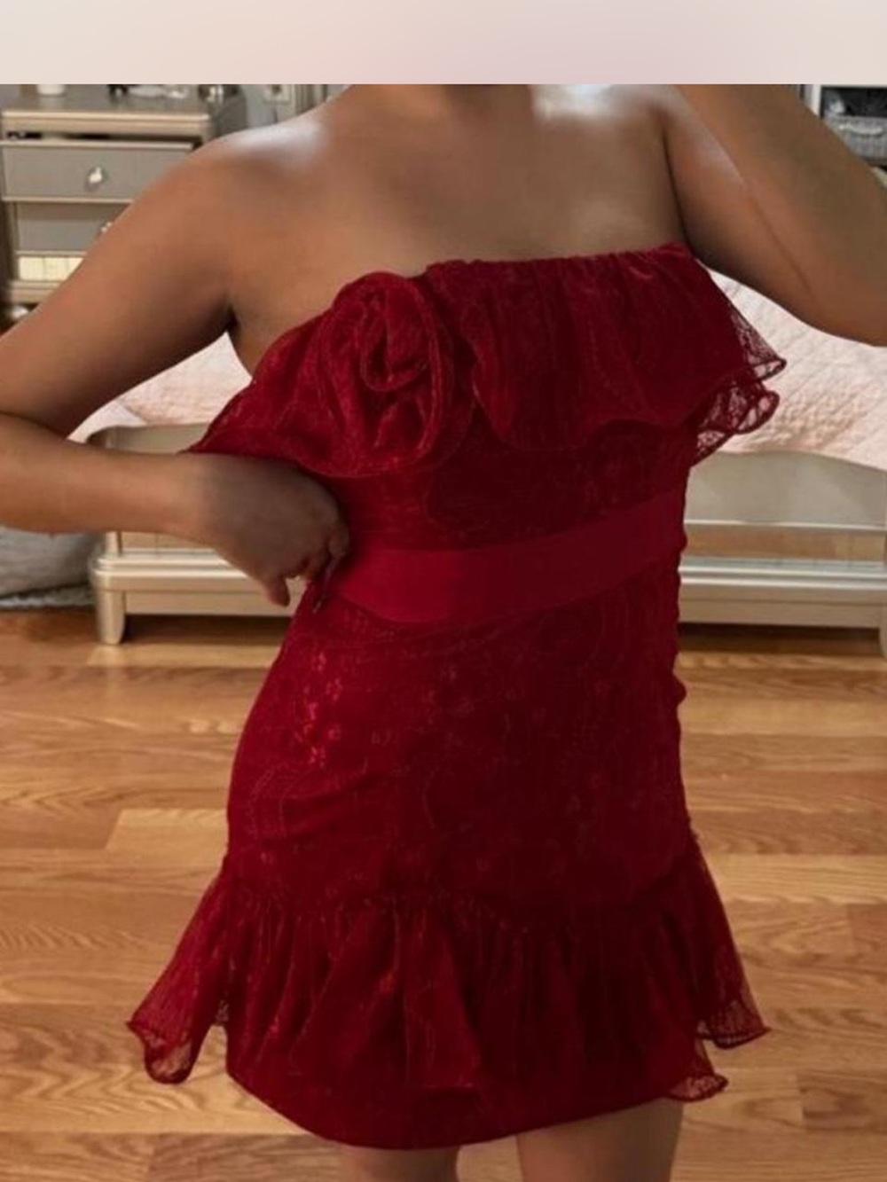 Pearl Strapless Red Lace Ruffle Dress for Girls